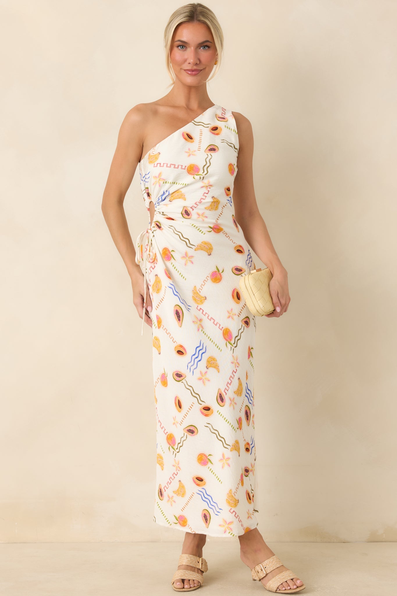 MINKPINK Carmen White Multi Fruit Print One Shoulder Maxi Dress