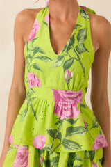 Blooming Beautiful Chartreuse Floral Cotton Halter Midi Dress