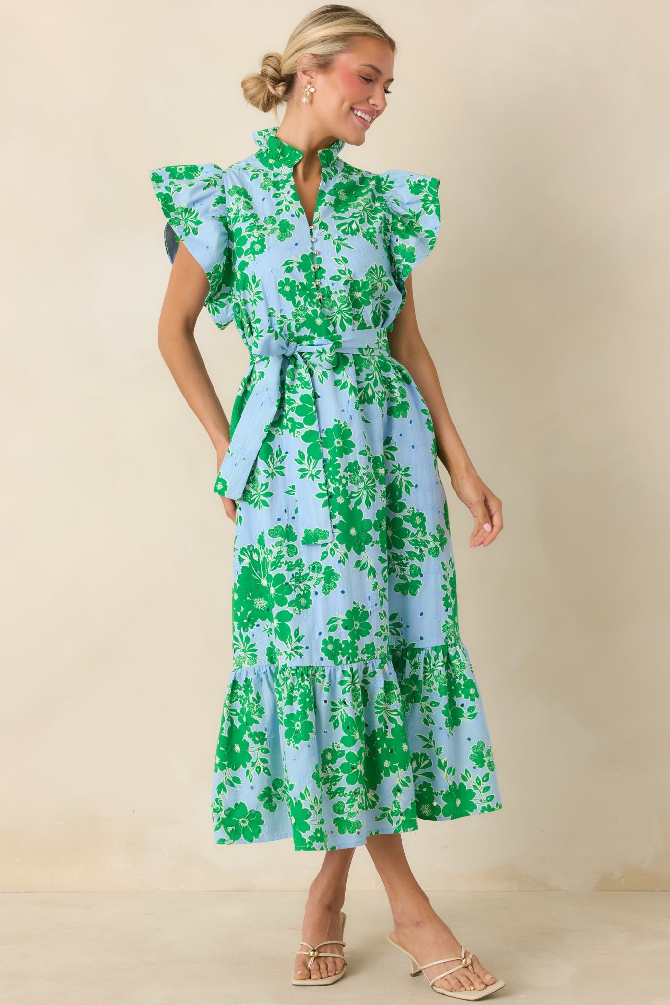 Fresh Air Floral Blue & Green Cotton Floral Eyelet Midi Dress
