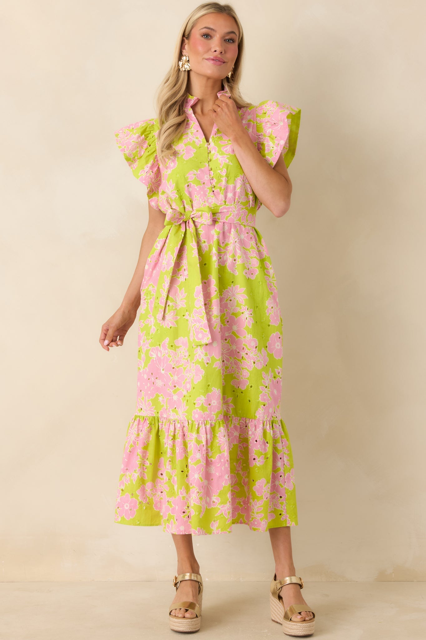 Fresh Air Floral Chartreuse & Pink Floral Cotton Eyelet Midi Dress