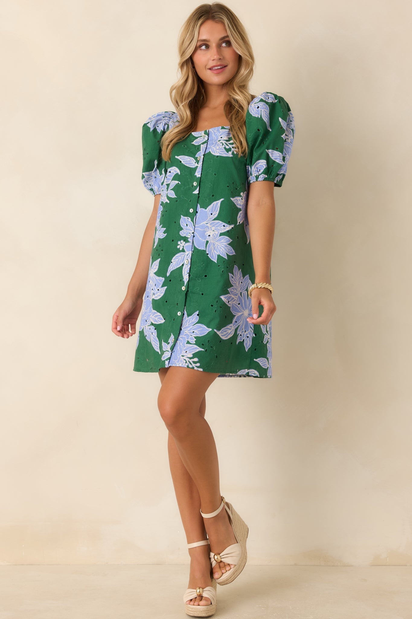 If You Ask Me Hunter Green & Blue Floral Cotton Puff Sleeve Mini Dress