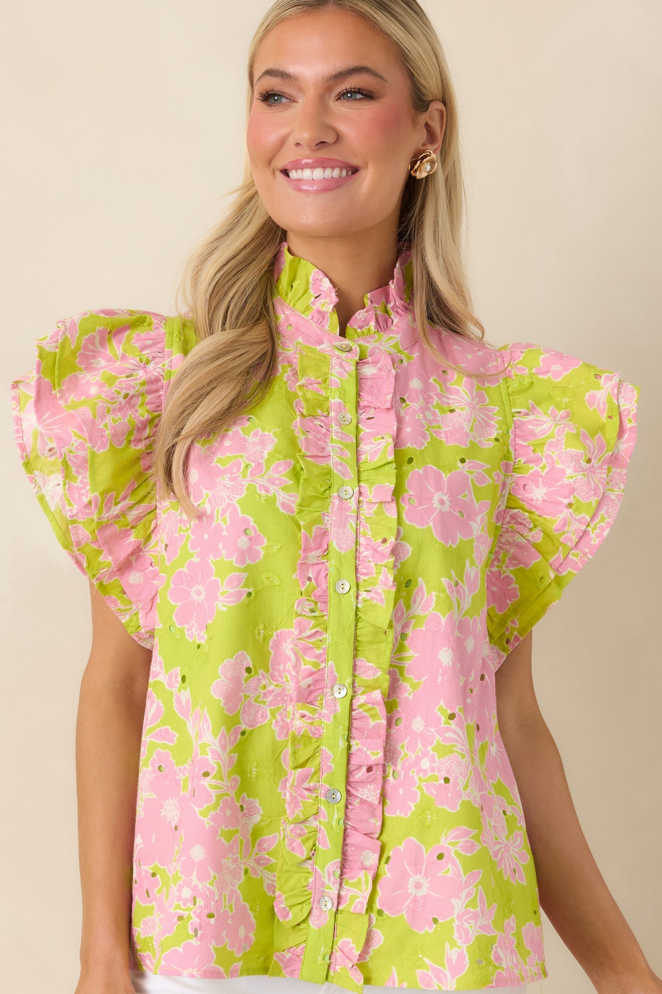 Make It Known Chartreuse & Pink Floral Cotton Eyelet Top