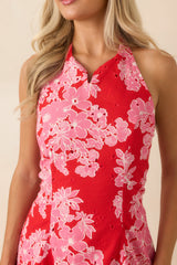 Petals in the Air Red & Pink Cotton Floral Halter Mini Dress
