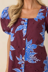 If You Ask Me Wine & Cobalt Floral Cotton Puff Sleeve Mini Dress