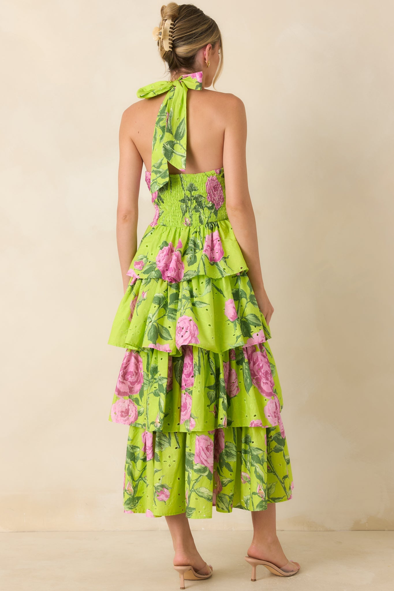 Blooming Beautiful Chartreuse Floral Cotton Halter Midi Dress