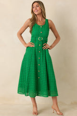 Garden Society Green Cotton Eyelet Sleeveless Midi Dress
