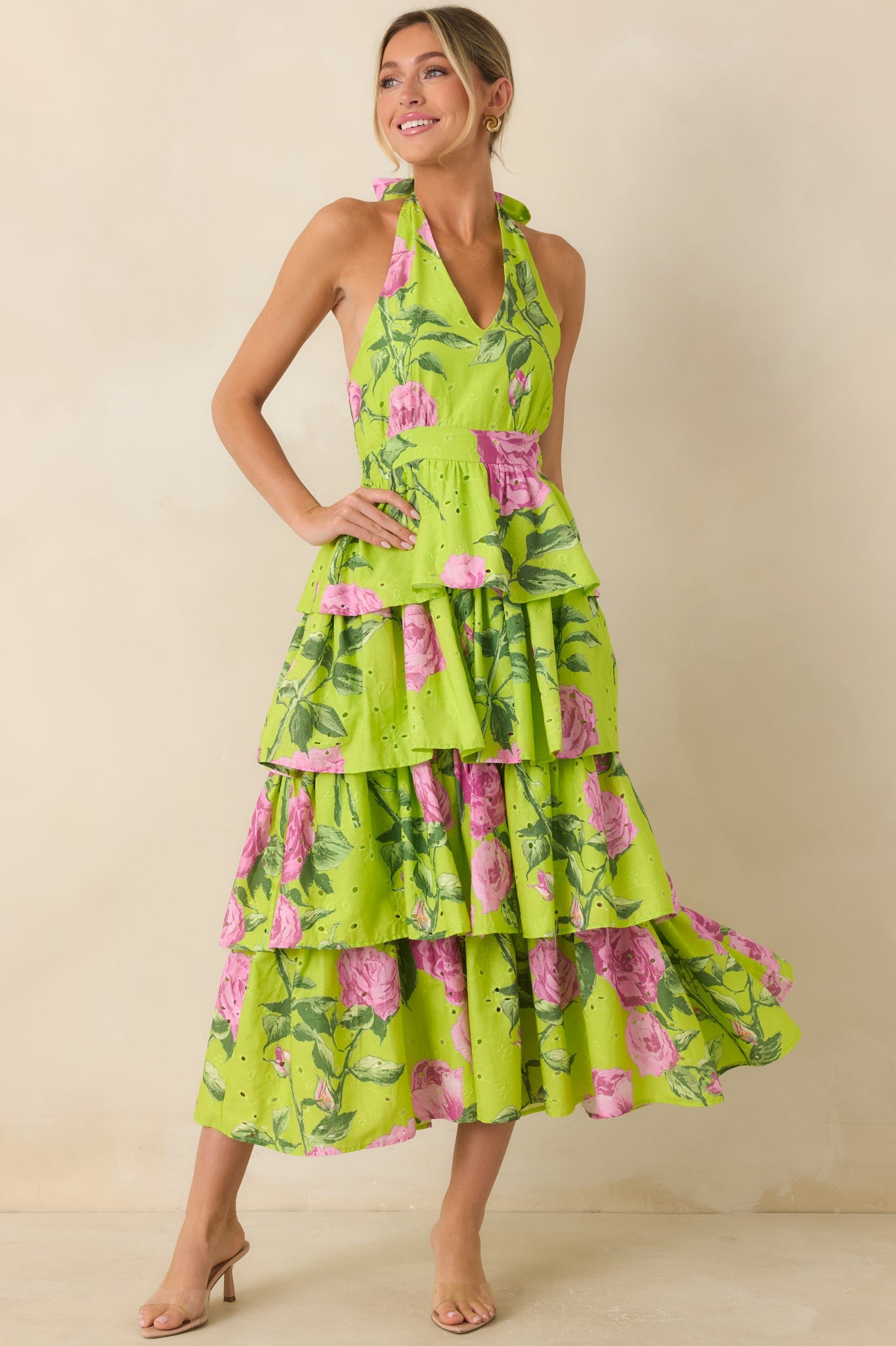Blooming Beautiful Chartreuse Floral Cotton Halter Midi Dress