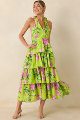 Blooming Beautiful Chartreuse Floral Cotton Halter Midi Dress