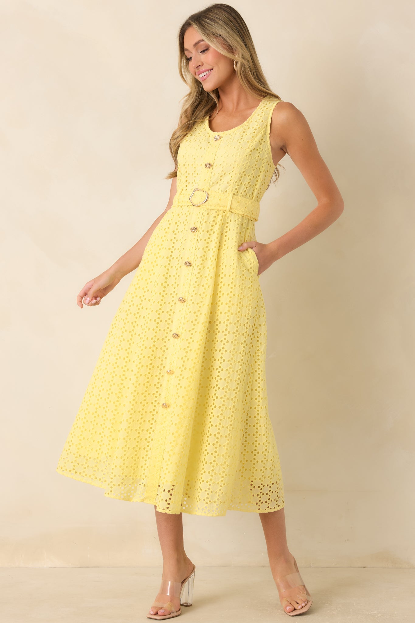 Garden Society Yellow Cotton Eyelet Sleeveless Midi Dress