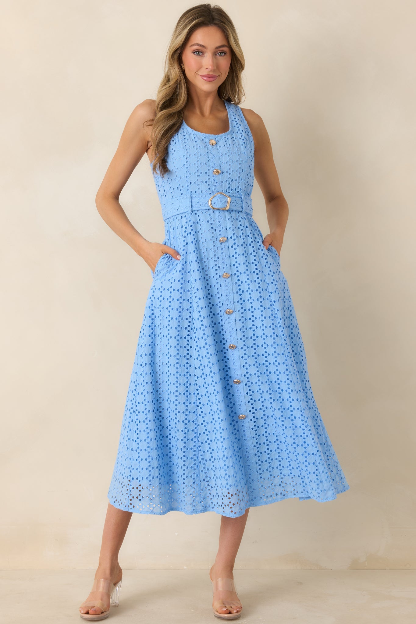 Garden Society Blue Cotton Eyelet Sleeveless Midi Dress