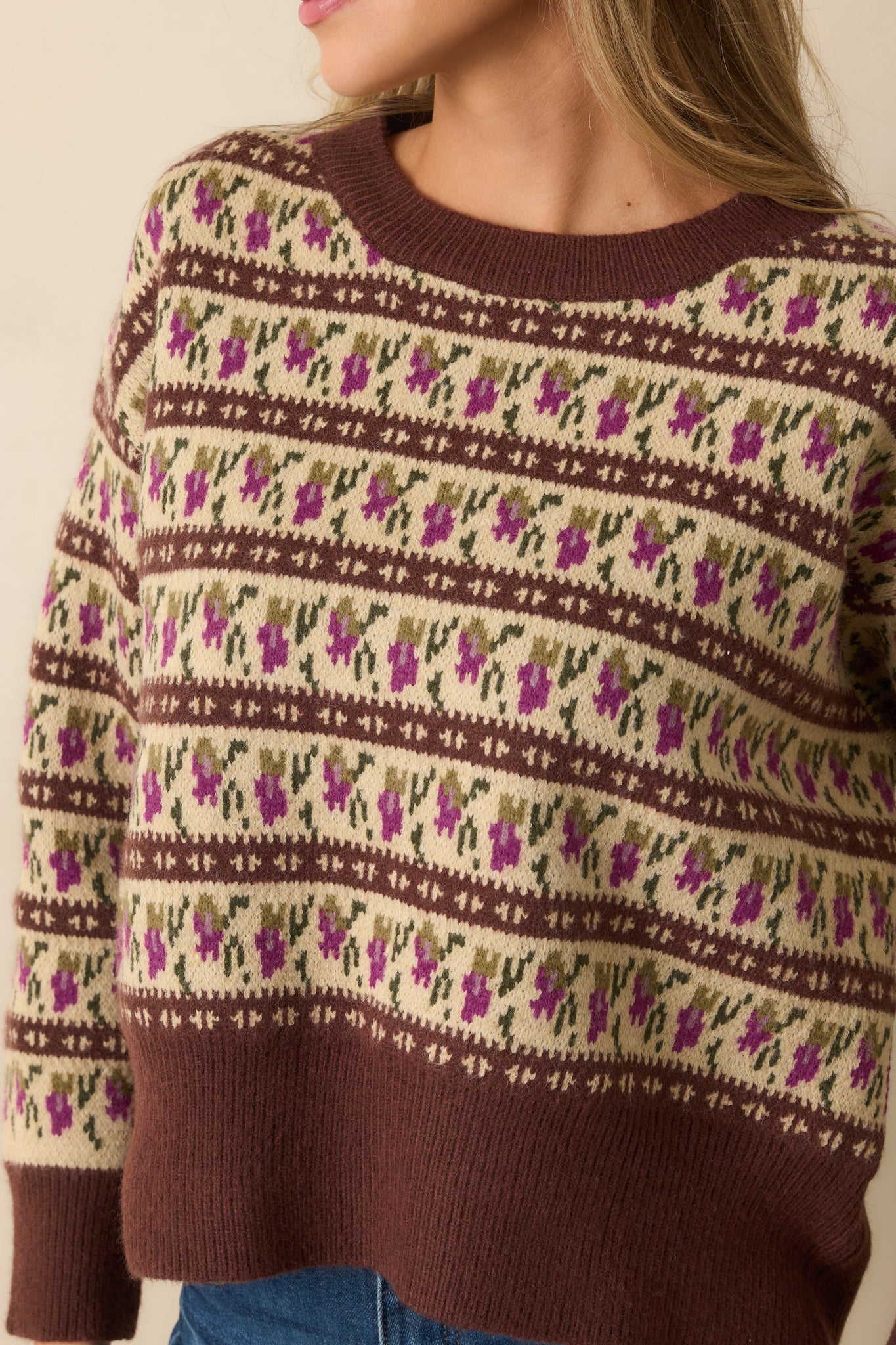 Guess What's Next Brown Multi Fair Isle Knit Crewneck Sweater