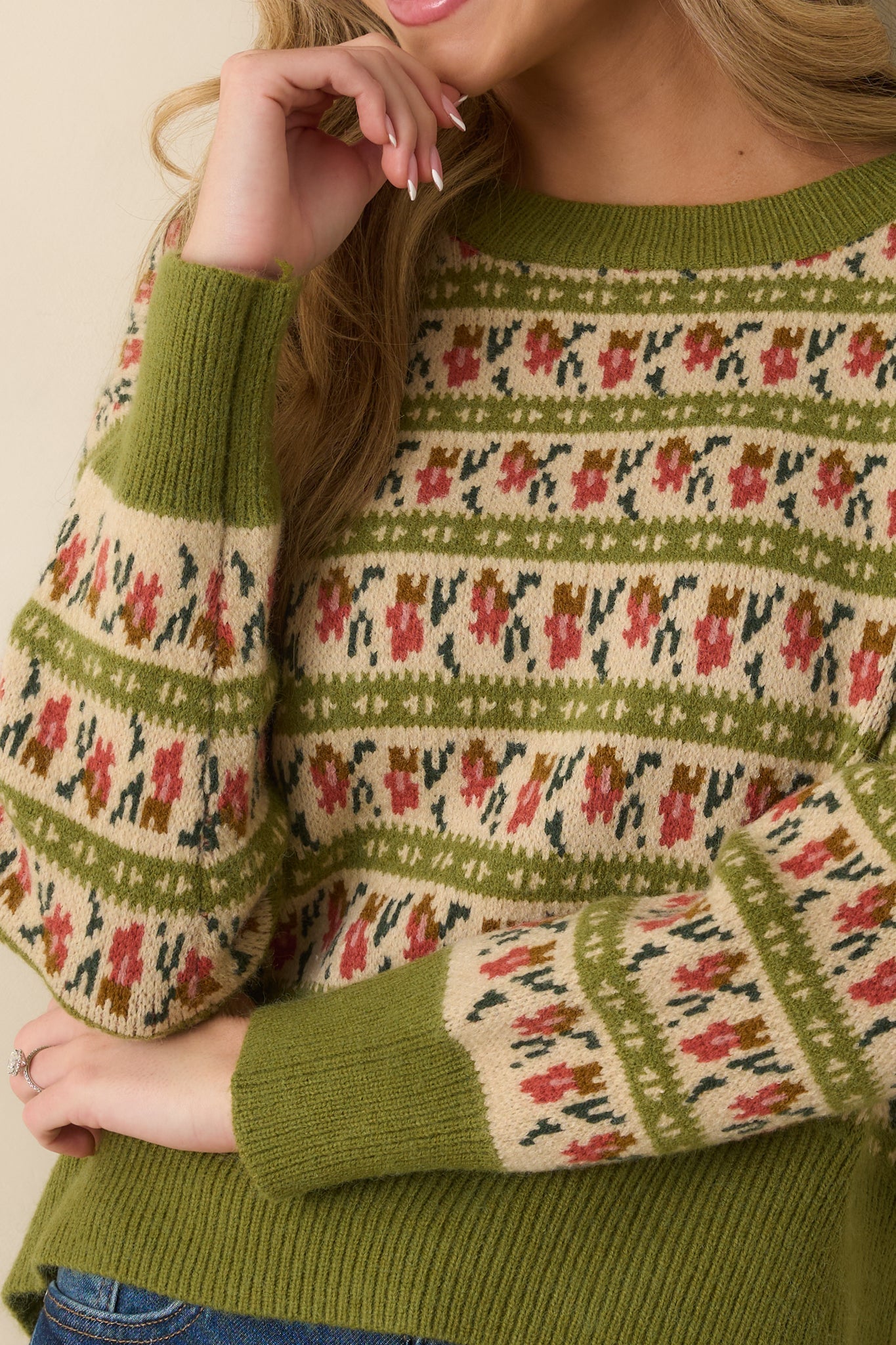 Guess What's Next Light Olive Multi Fair Isle Knit Crewneck Sweater