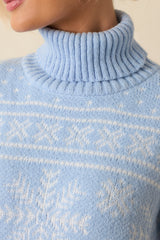 Winter Wanderer Light Blue Snowflake Knit Turtleneck Sweater
