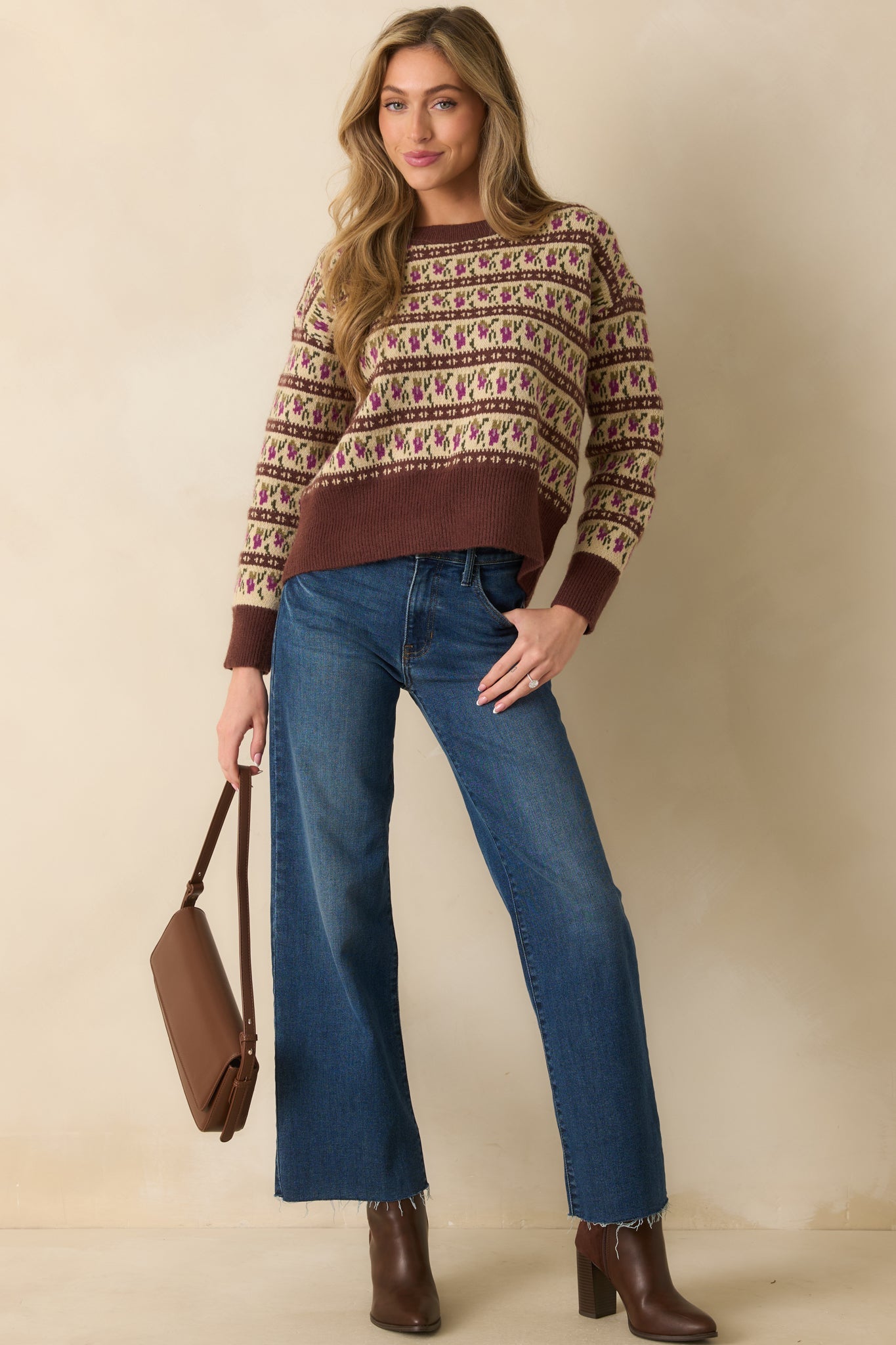 Guess What's Next Brown Multi Fair Isle Knit Crewneck Sweater