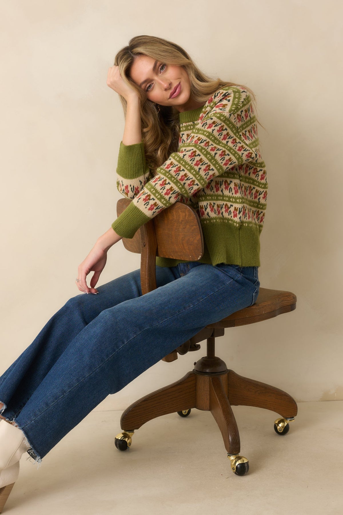 Guess What's Next Light Olive Multi Fair Isle Knit Crewneck Sweater