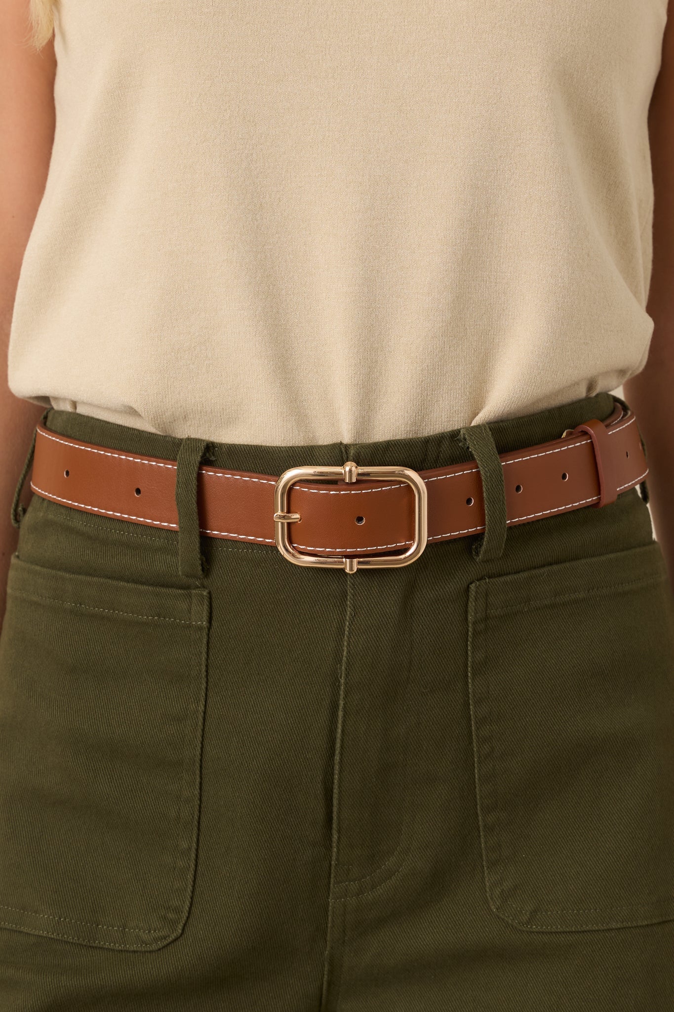 Catching The Train Cognac Brown Stitch Border Belt