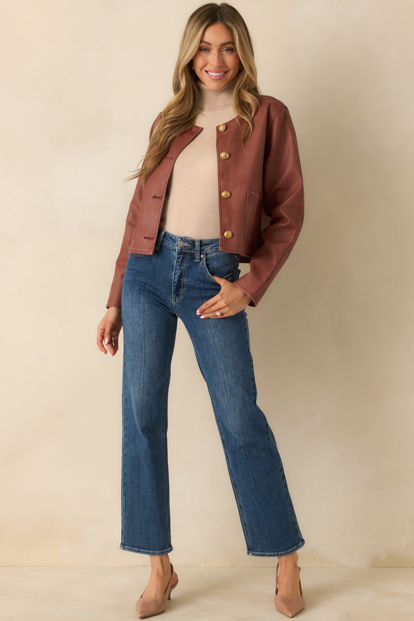 Made To Impress Mauve Faux Leather Cropped Button Up Jacket