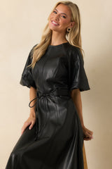 Something to Behold Black Faux Leather Short Sleeve Belted Midi Dress