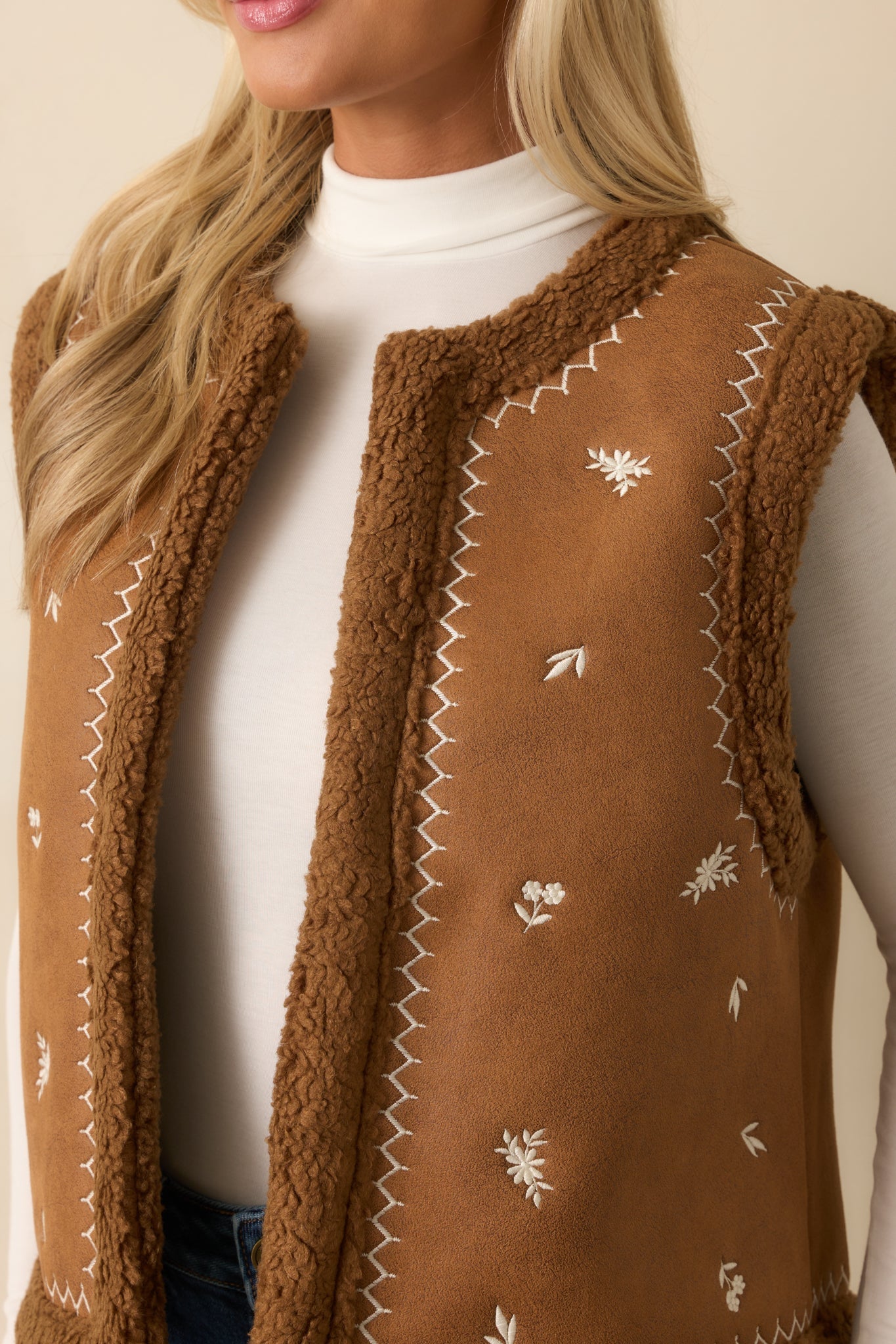 Go Ahead Then Caramel Brown Faux Suede Floral Embroidered Vest