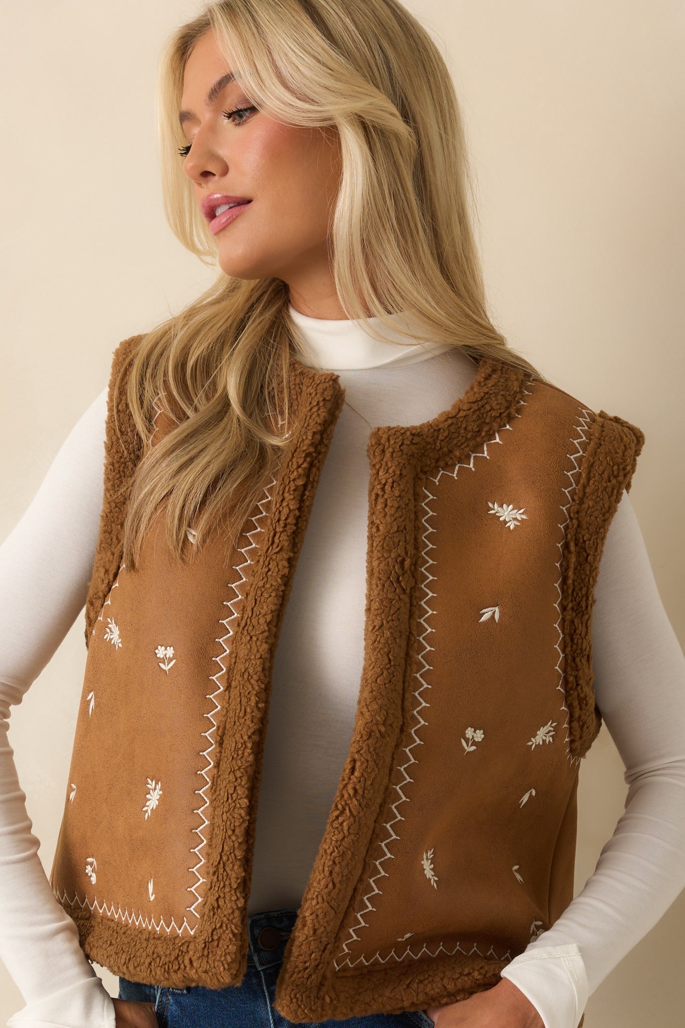 Go Ahead Then Caramel Brown Faux Suede Floral Embroidered Vest