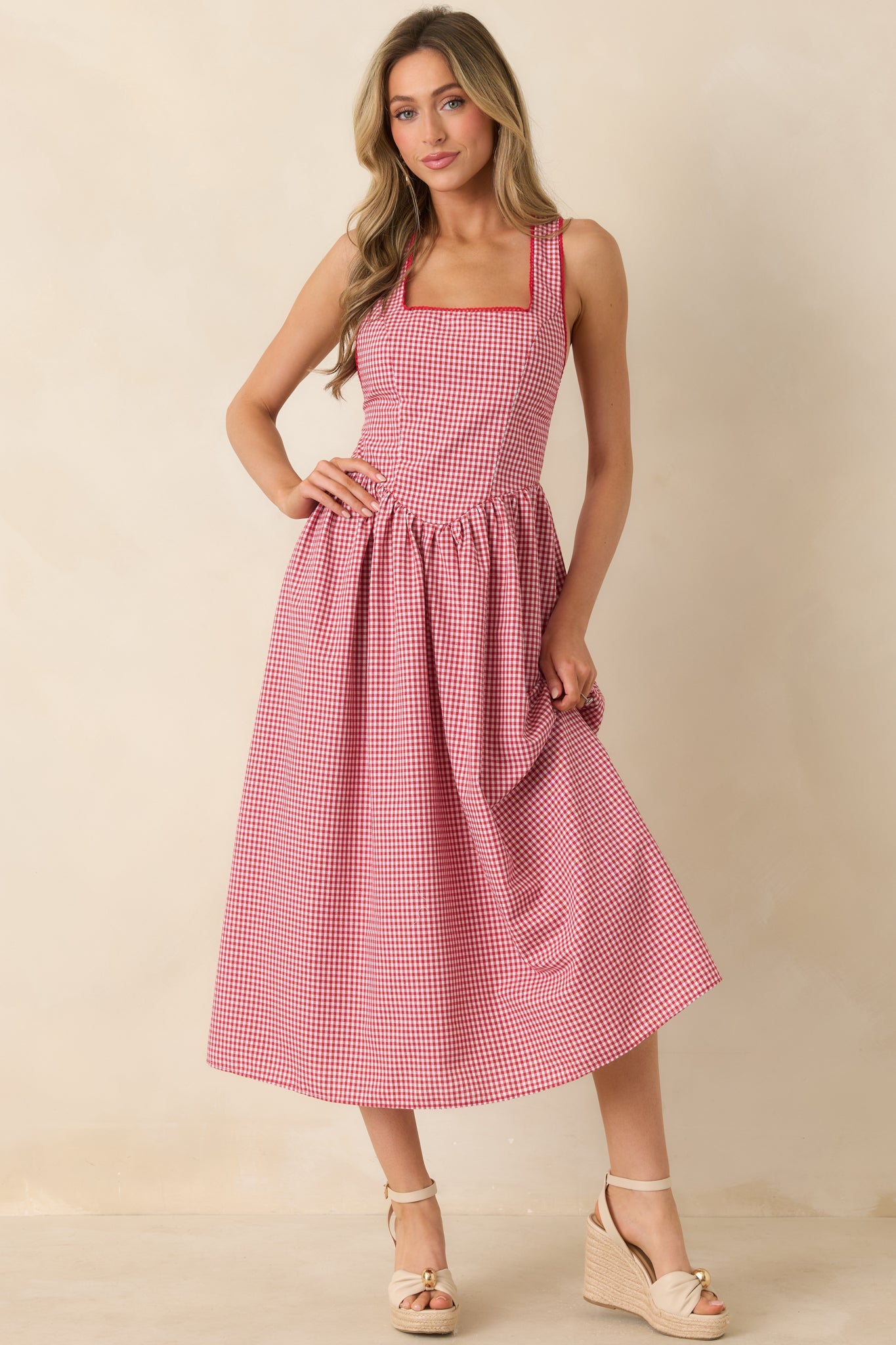 Just Because I Can Red Gingham Open Back Tie Maxi Dress