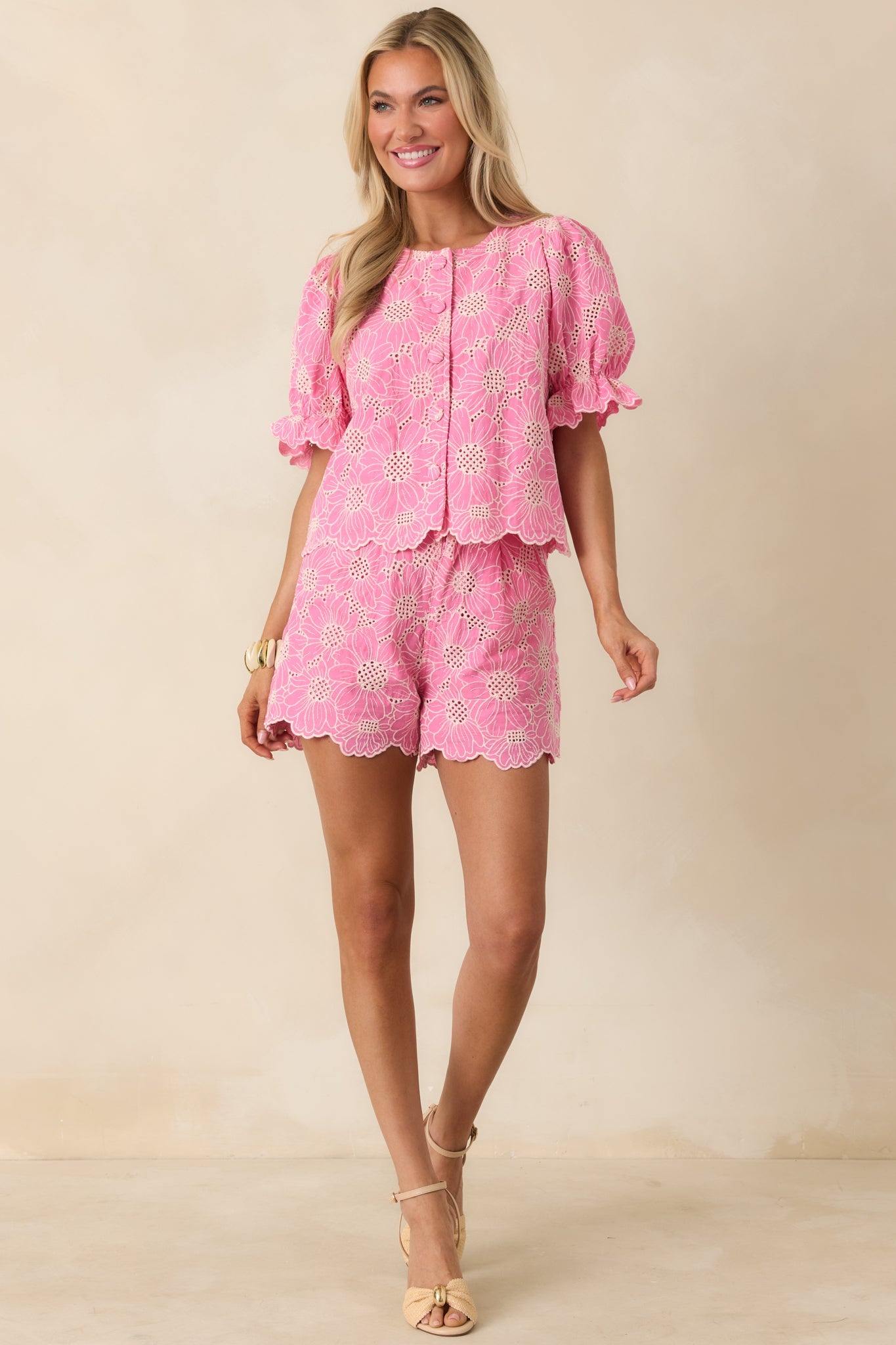 Look At You Pink Cotton Floral Embroidered Shorts