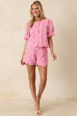 Look At You Pink Cotton Floral Embroidered Shorts