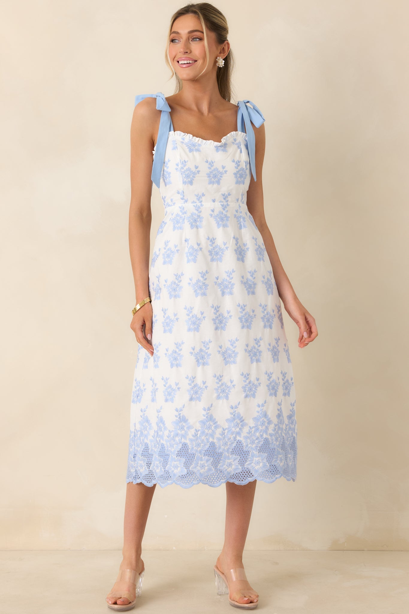 Made For Lovely Days Blue Embroidered Cotton Tie-Strap Midi Dress