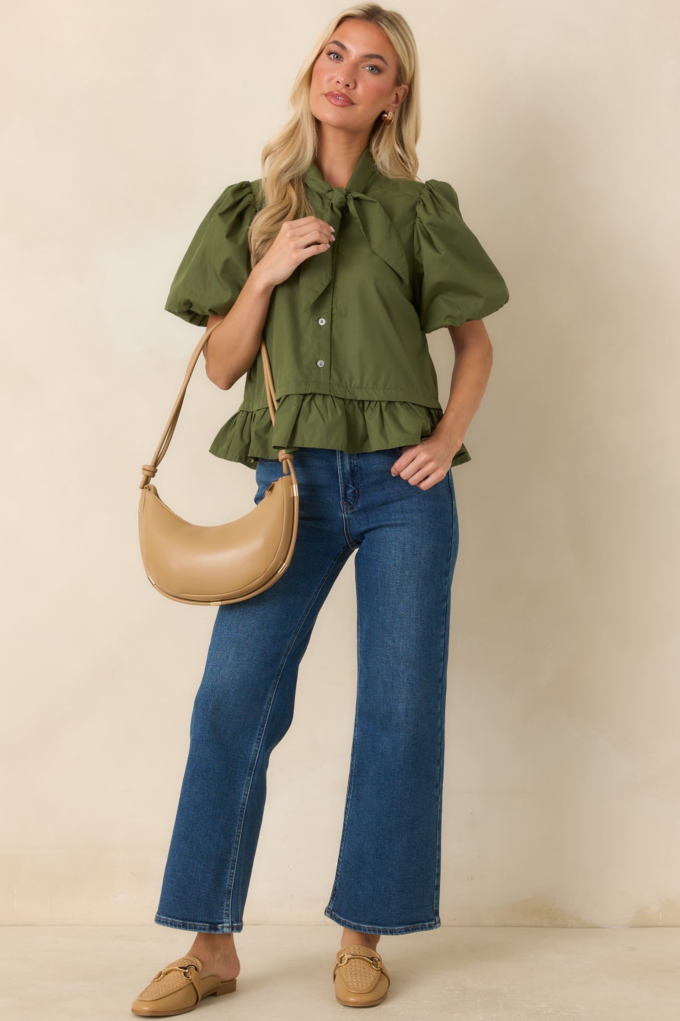 Signature Style Moss Green Tie Neck Peplum Blouse