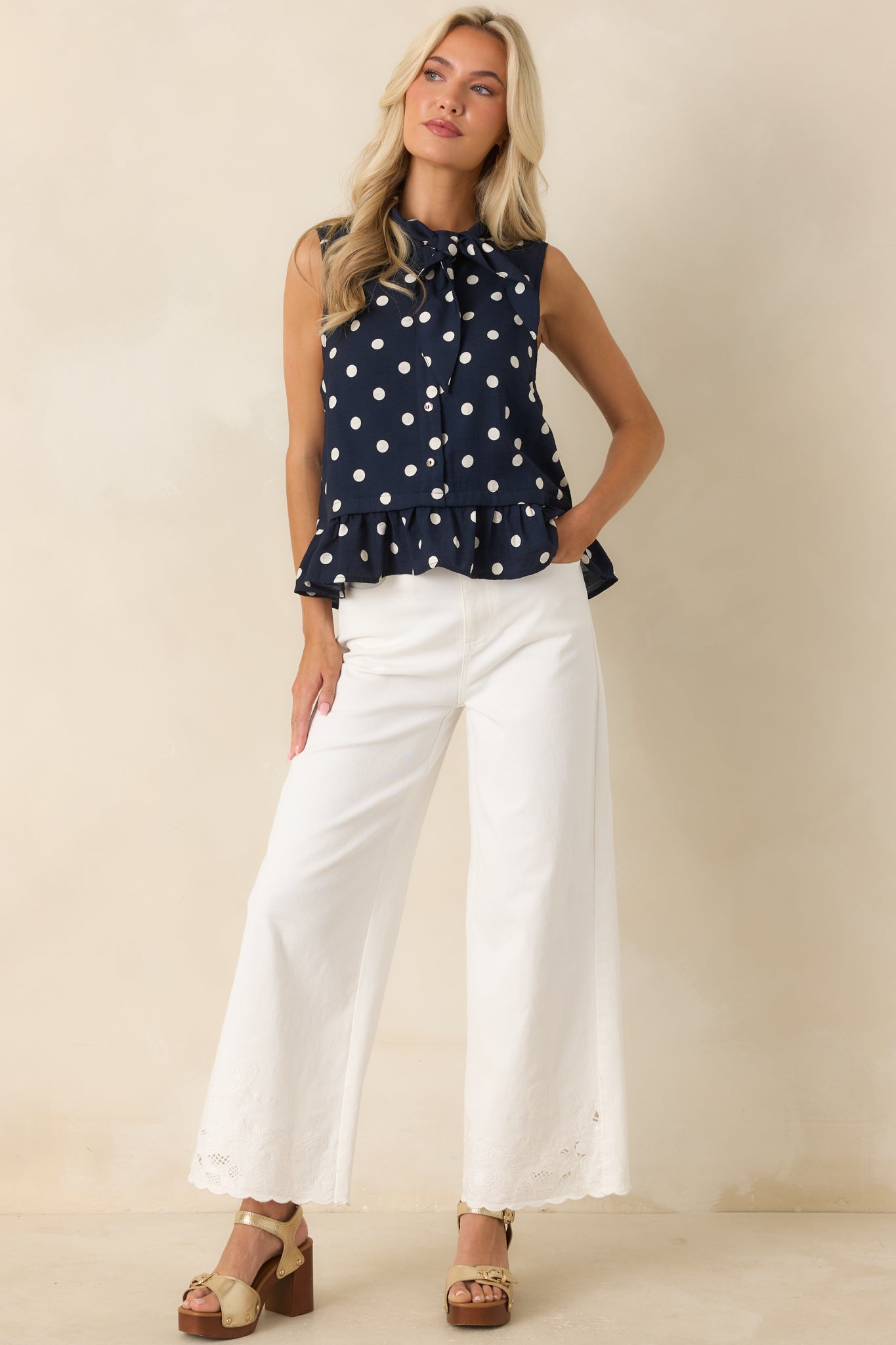 Dotted With Charm Navy Polka Dot Sleeveless Top