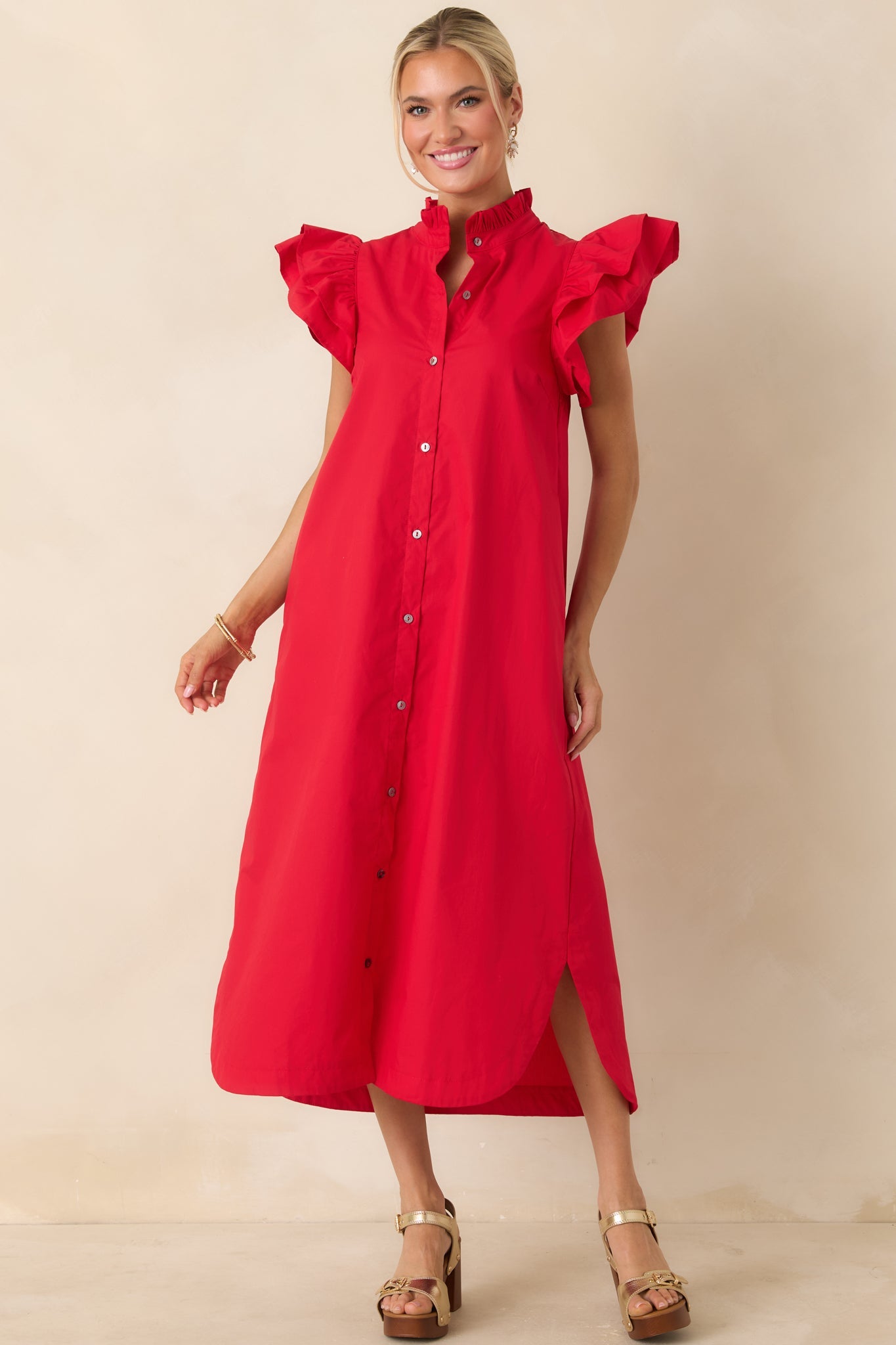 Exactly As Planned Red Cotton Ruffle Button Front Midi Dress