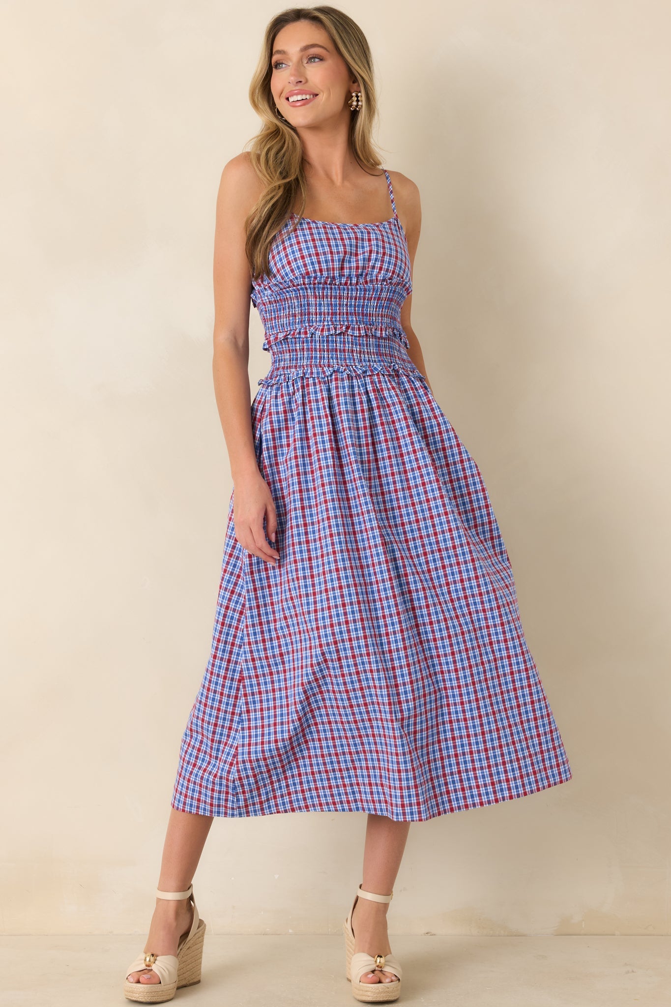 Summer Story Red & Blue Plaid Cotton Midi Dress