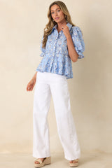 Artful Moment Blue Toile Print Cotton Puff Sleeve Blouse
