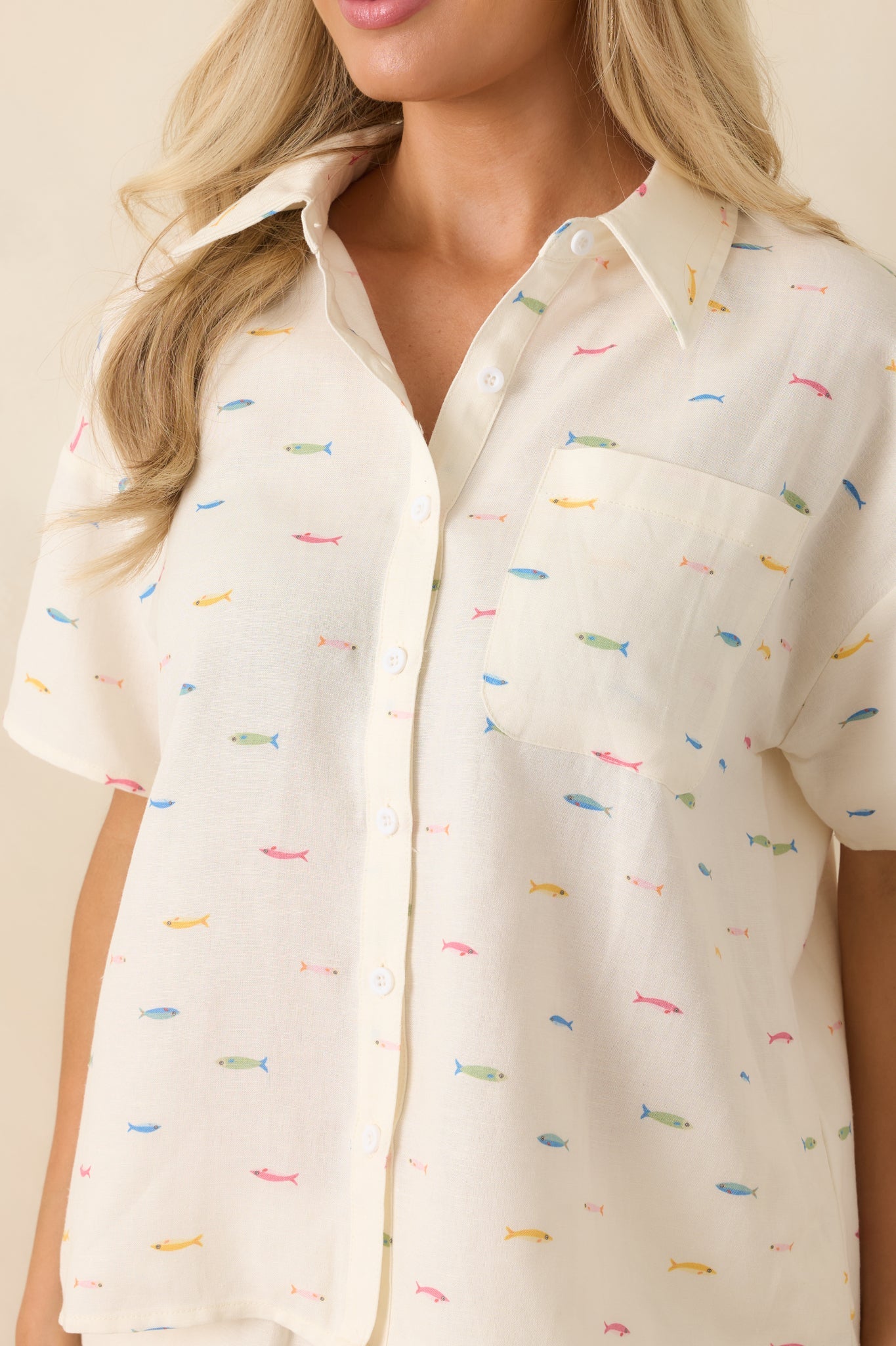 School's Out Ivory Multi Fish Print Button-Up Top