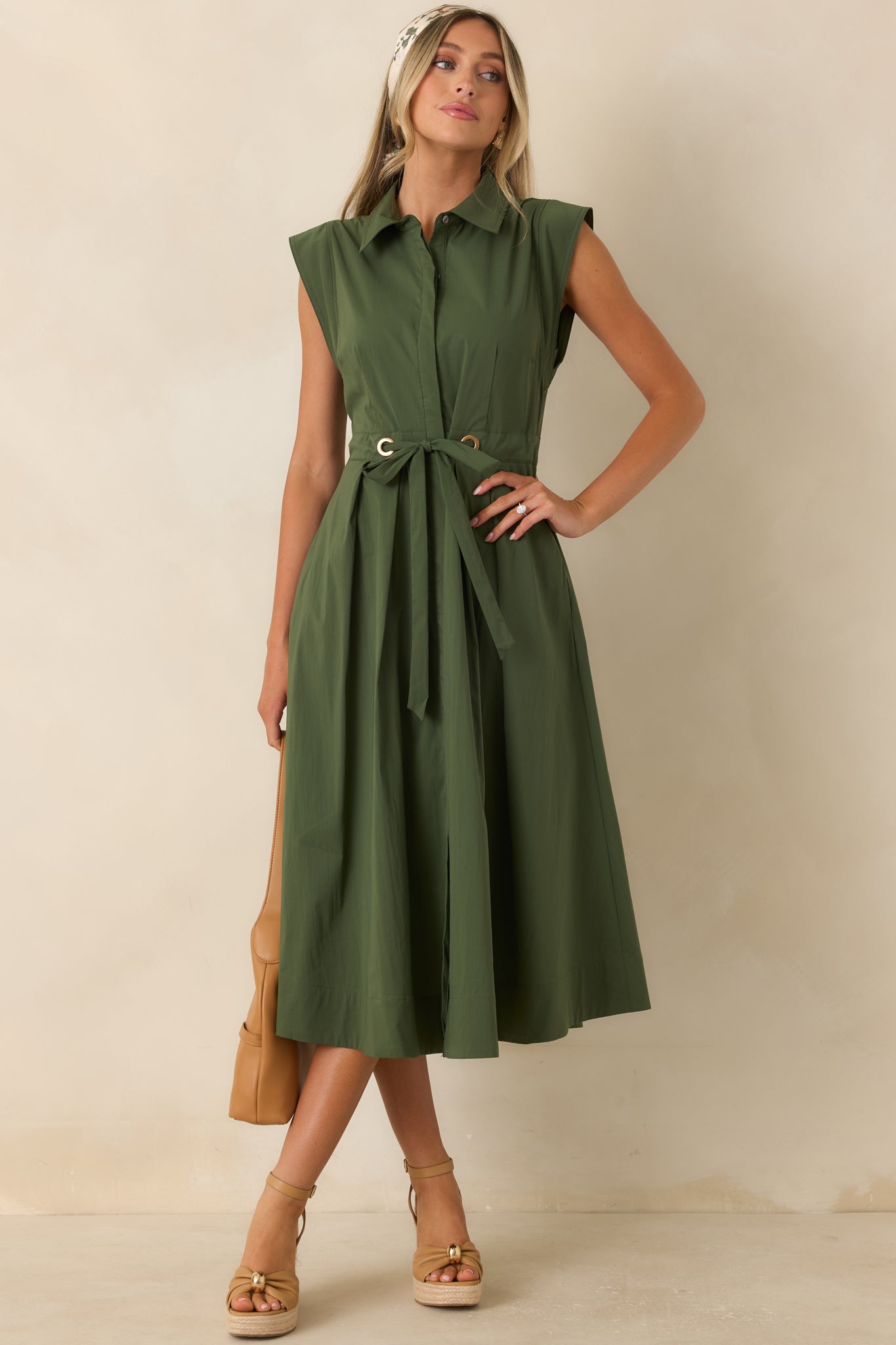 A Better Plan Olive Green Cotton Poplin Belted Midi Dress