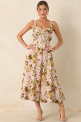 ASTR The Label Ciana Pink & Green Floral Linen Midi Dress