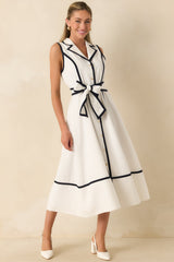 Prosperina Simone White & Navy Contrast Linen Blend Midi Dress
