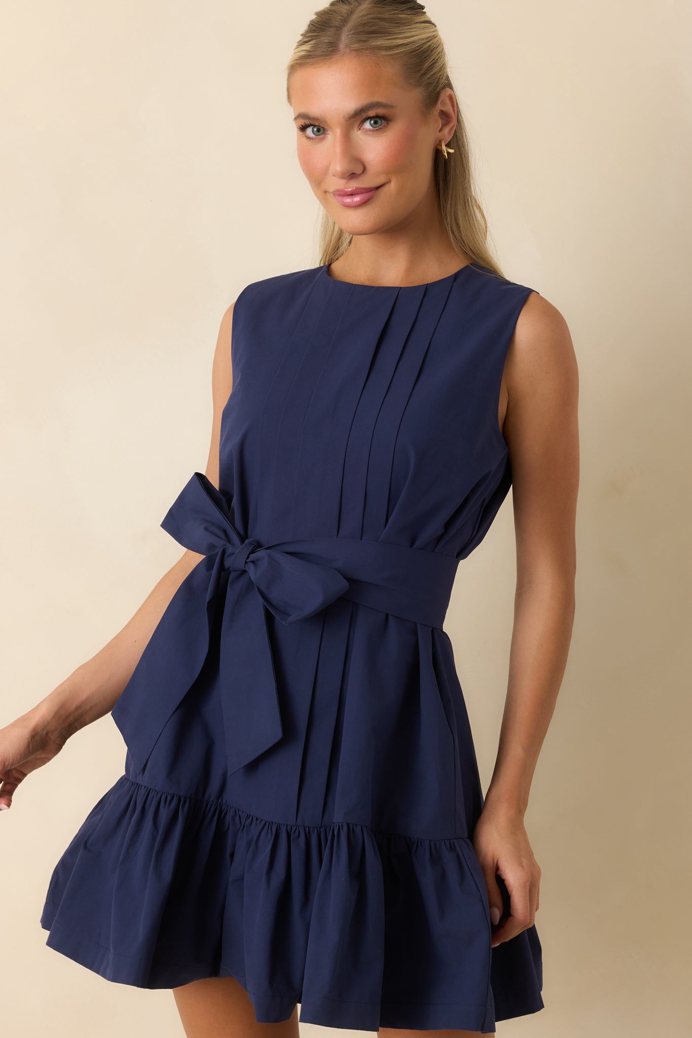 Prosperina Quinn Navy Pleated Cotton Mini Dress