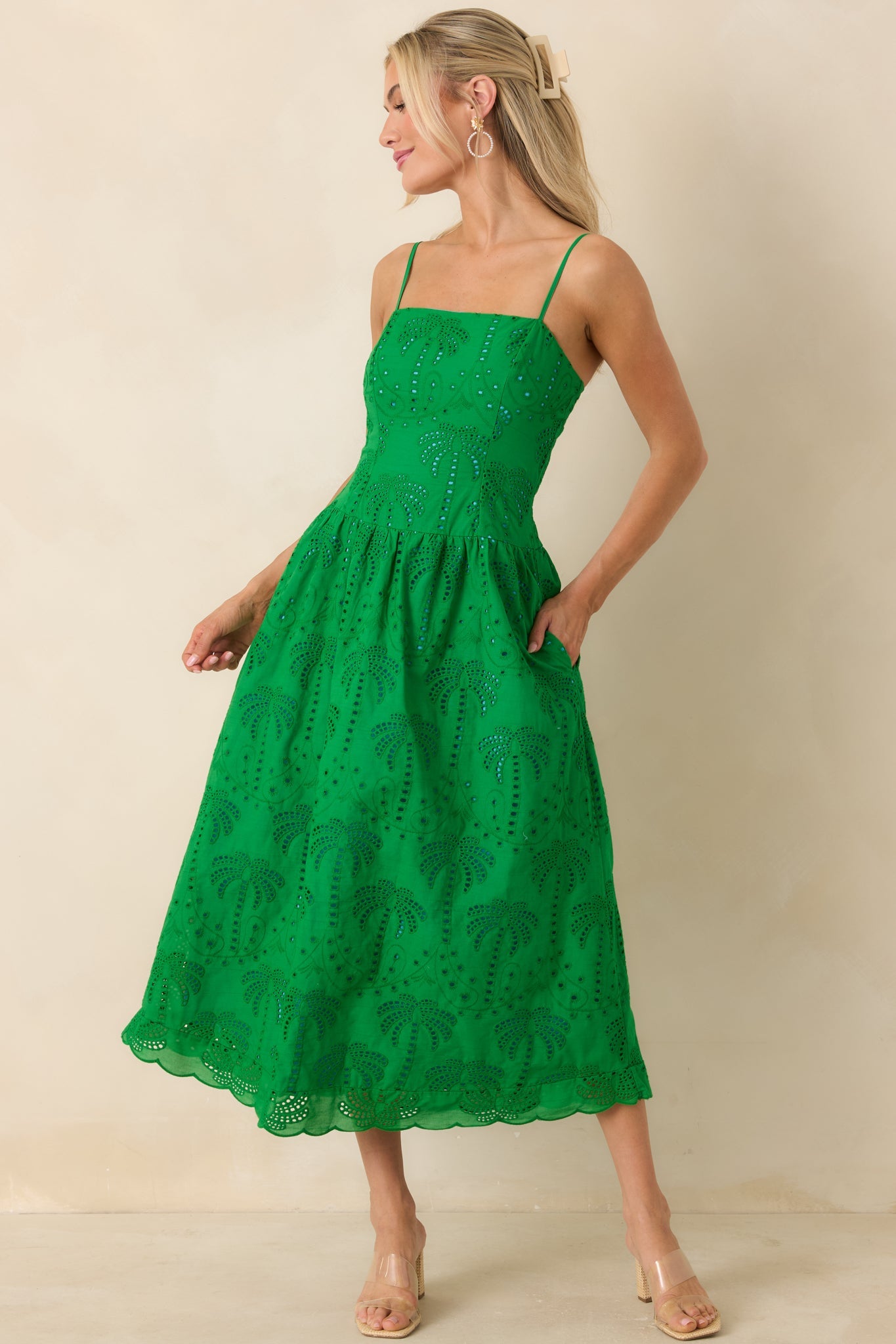 This Is It Green Cotton Eyelet Sleeveless Midi Dress