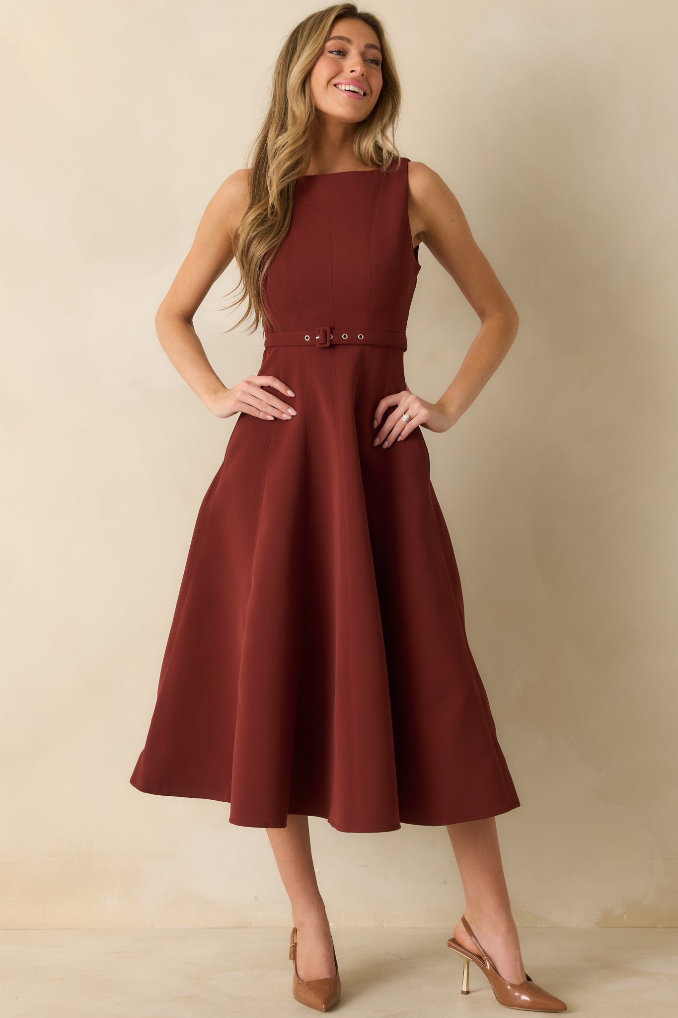 Timely Matter Dark Rust Red Belted Sleeveless Midi Dress
