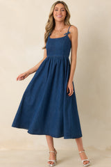 Tied at Twilight Dark Wash Bow Strap Detail Cotton Midi Dress
