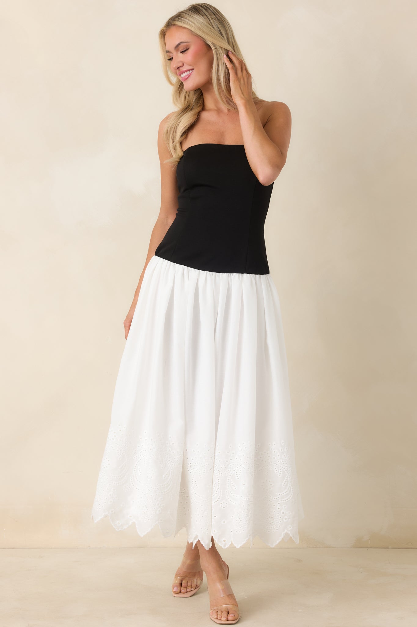 It's a Classic Black & White Cotton Eyelet Strapless Midi Dress