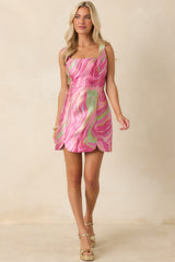 Abstract Attraction Pink & Green Metallic Swirl Mini Dress