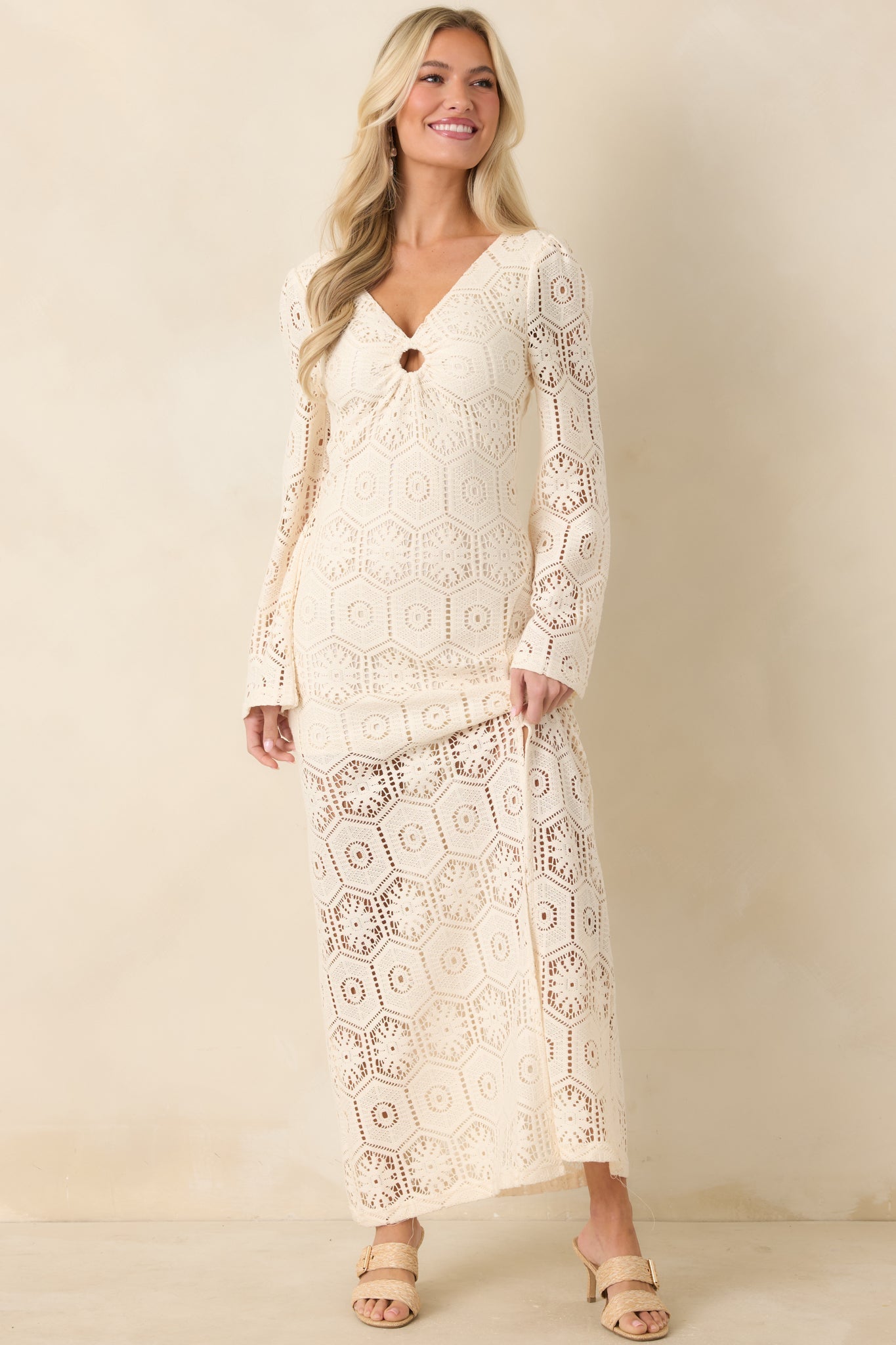 Meant for This Ivory Openwork Lace Long Sleeve Maxi Dress
