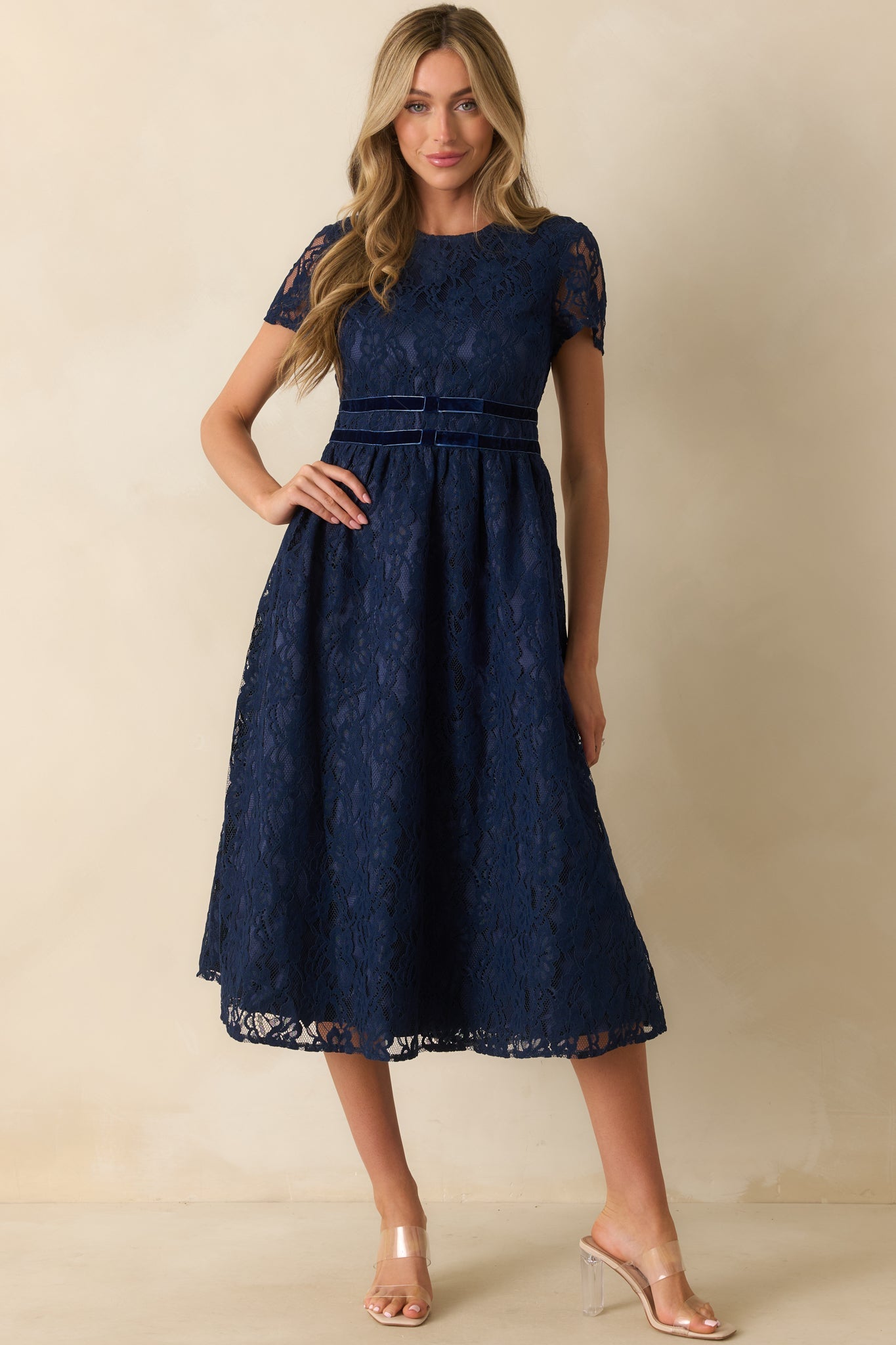Never Look Back Navy Floral Lace Short Sleeve Velvet Trim Midi Dress