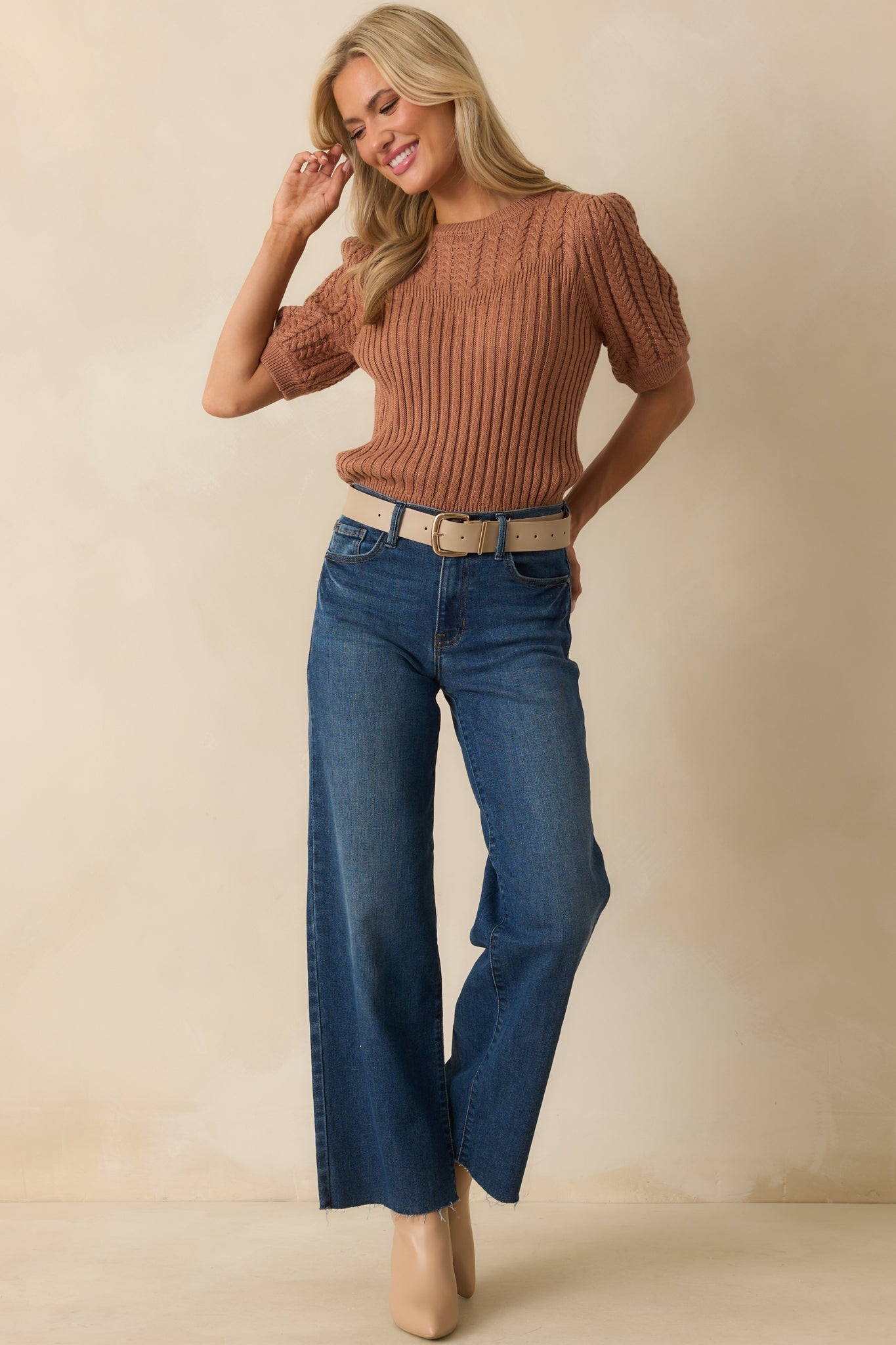 Don't Doubt It Clay Brown Cable Knit Short Sleeve Ribbed Sweater