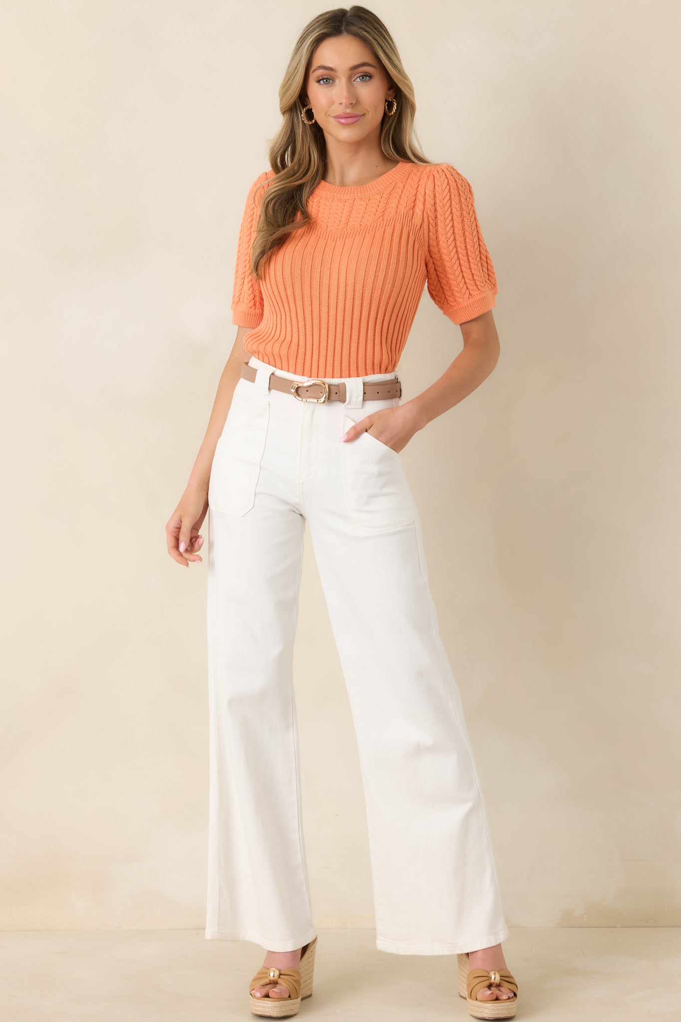 Don't Doubt It Apricot Orange Cable Knit Short Sleeve Sweater