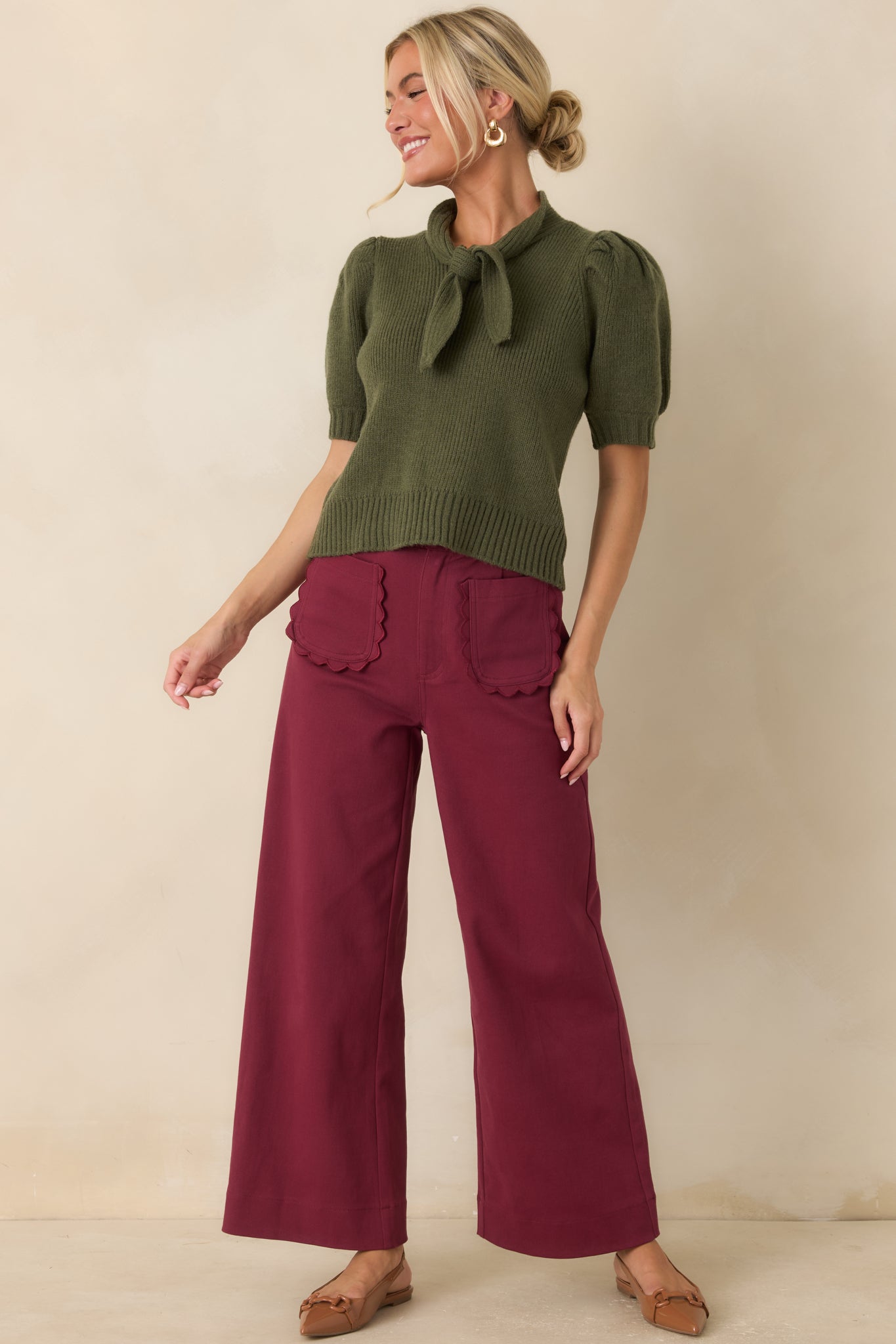 Tied Up Beautifully Olive Knit Tie Neck Top