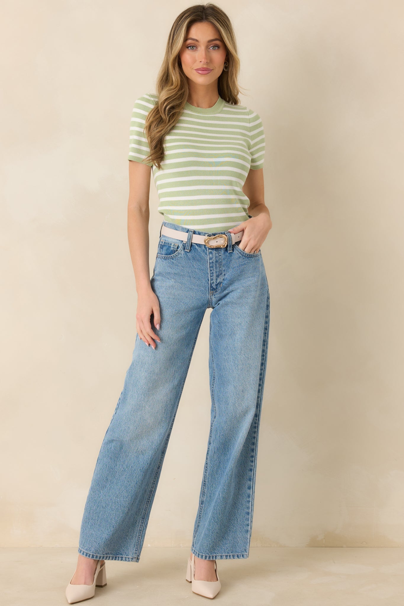Let's Catch Up Light Green Stripe Short Sleeve Top