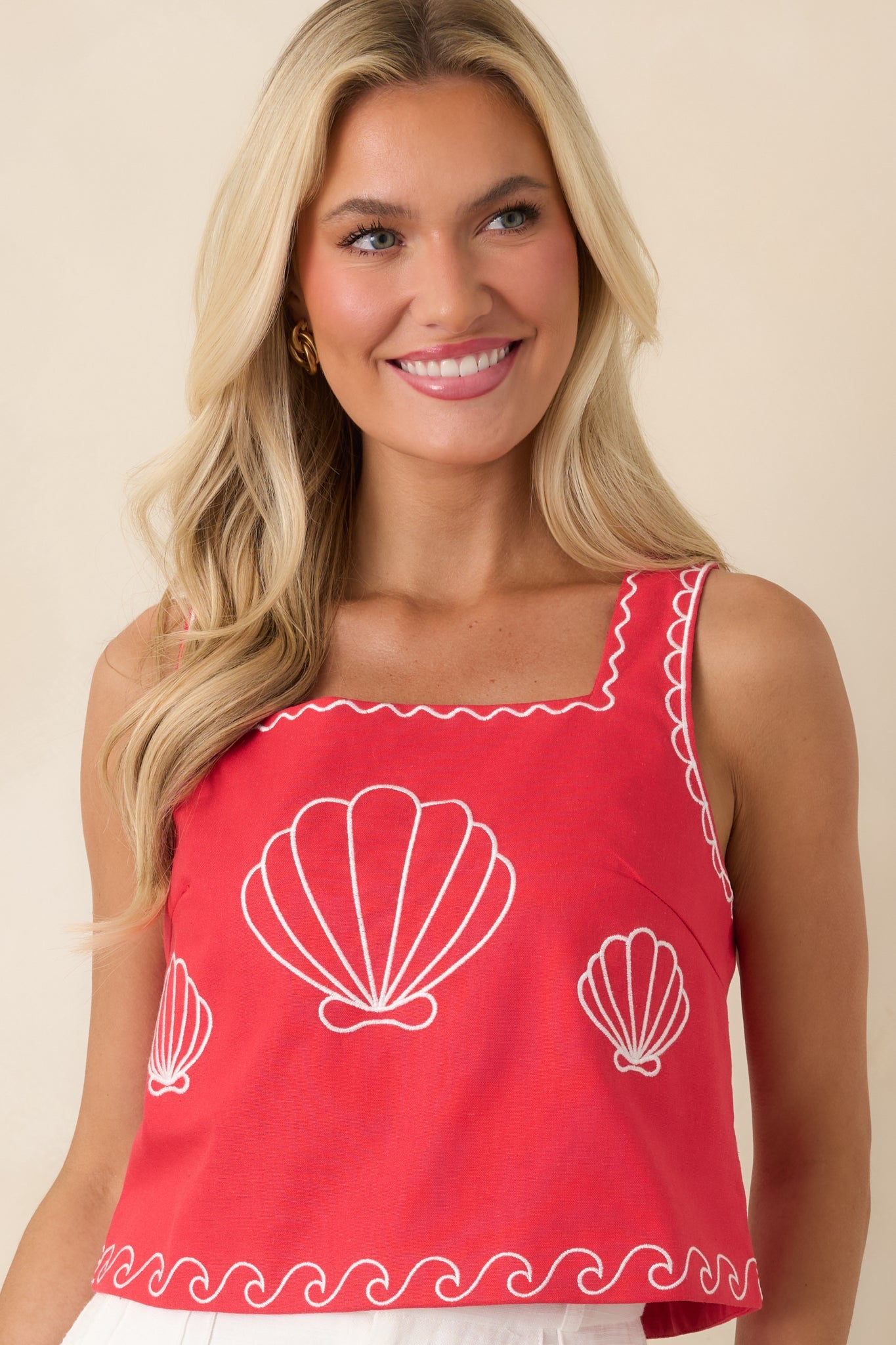 Sea You Soon Red Cotton Blend Shell Embroidered Tank Top